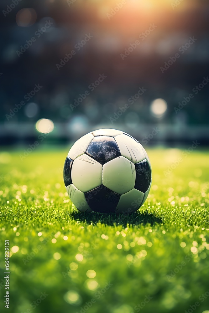Fototapeta premium The electric atmosphere of a soccer football game in a professional stadium, with athletes showcasing teamwork and thrilling moments, creating a sense of excitement among the crowd on game day.