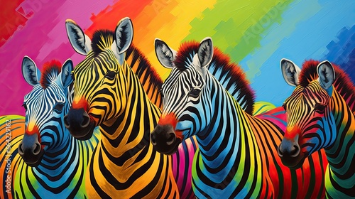  a painting of three zebras in front of a rainbow background.  generative ai