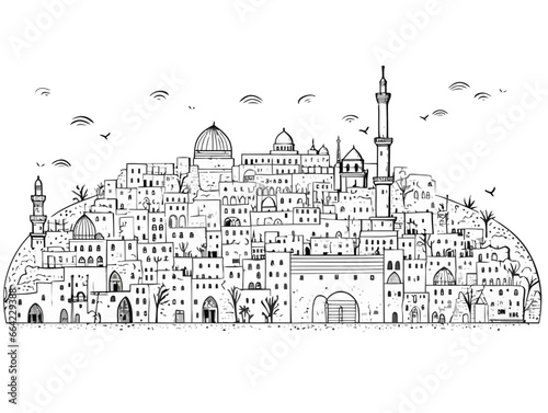 Doodle Jerusalem skyline, cartoon sticker, sketch, vector, Illustration, minimalistic
