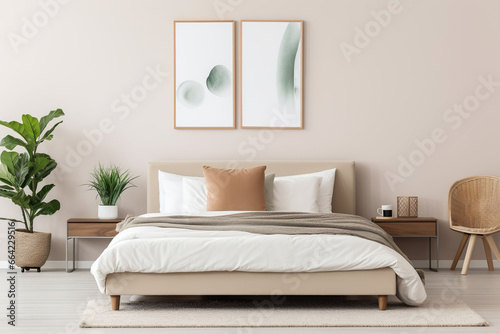 Interior of modern bedroom with beige walls   comfortable bed and two mock up posters.