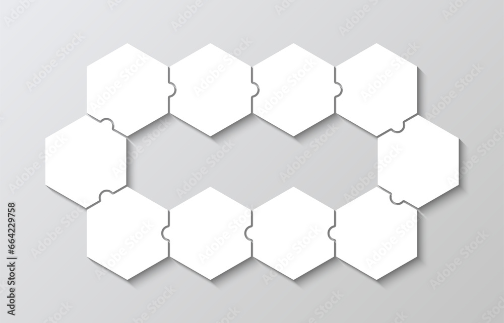 Hexagon business infographic. Jigsaw puzzle info graphic presentation with 10 pieces of process diagram. Puzzle hexagonal grid. Business presentation for infographics. Vector illustration Hexagon business infographic. Jigsaw puzzle info graphic presentation with 10 pieces of process diagram. Puzzle hexagonal grid. Business presentation for infographics. Vector illustration