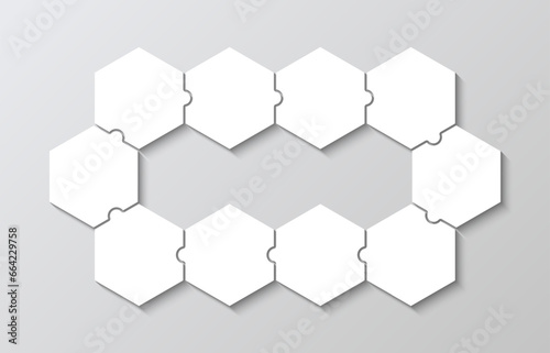 Hexagon business infographic. Jigsaw puzzle info graphic presentation with 10 pieces of process diagram. Puzzle hexagonal grid. Business presentation for infographics. Vector illustration