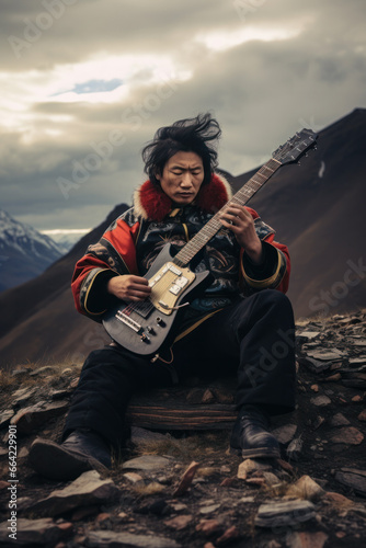 Mongolian plays rock on guitar against the backdrop of the steppe and mountains use traditional music elements from Mongolia