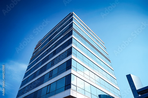 Generic blue modern building in city. Symbol of success and business. Urban concept.