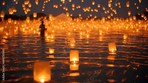 Floating Lanterns Released on a Lake During a Festival. Beautiful sky lanterns shining like countless stars on a lake where the sunset has fallen. generative AI