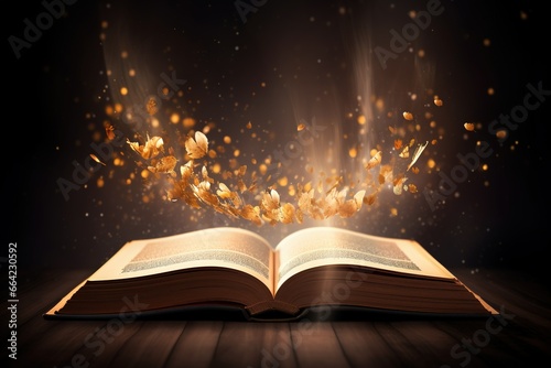 Open book with flying pages and rays of light on dark background © LaxmiOwl