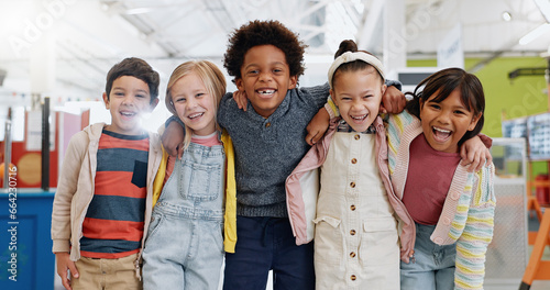 Science, portrait or group of children with smile at convention, expo or exhibition for learning. Kid or face with diversity at tradeshow or scientific conference for knowledge, workshop or education