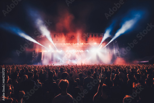 Crowd partying at live concert summer music festival. Stage lights on stage at festival.