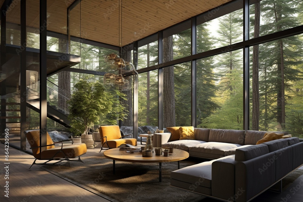 Contemporary woods inside with scenic vista. Generative AI