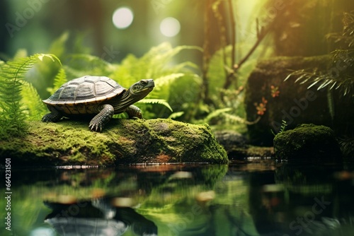 A calm turtle enjoys the green scenery. Generative AI