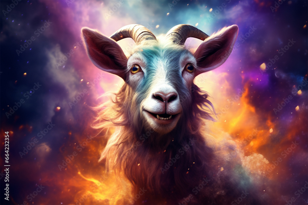 a goat with a background of stars and colorful clouds