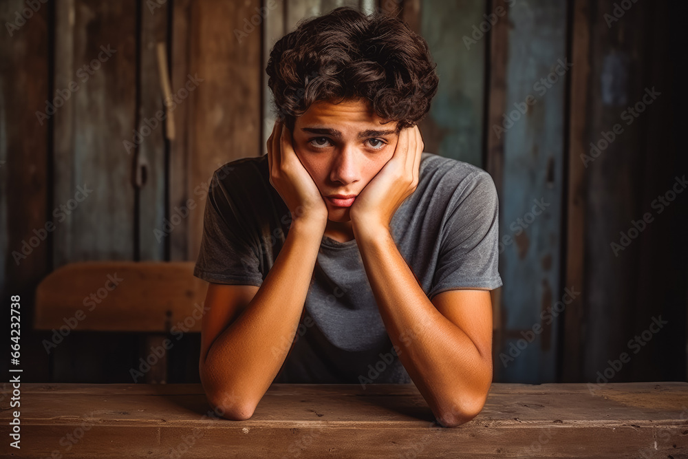 Sad hispanic teenage boy sitting with head in hands. Desperate teenage boy frustrated. Sad hispanic teenage boy sitting with head in hands. Desperate teenage boy frustrated.