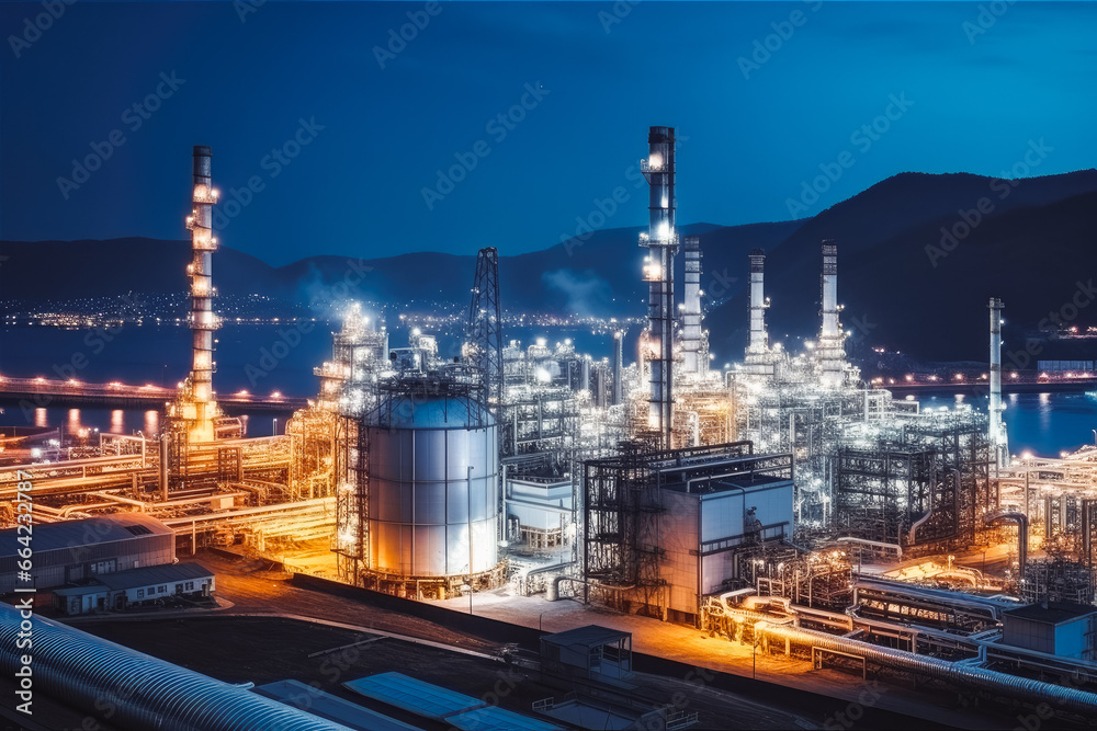 Fototapeta premium The power industry factory at night. Industry pipeline glowing in the dark.
