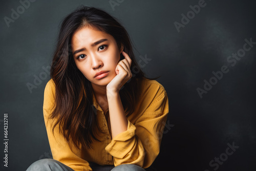 Unhappy anxiety concept. Young teenage asian woman looking upset and frustrated.