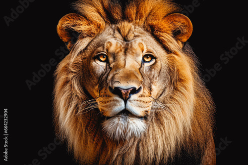 Lion king isolated on black background. Majestic lion on black background.