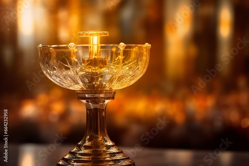 The golden monstrance with a little transparent crystal center, consecrated host. church defocused background.