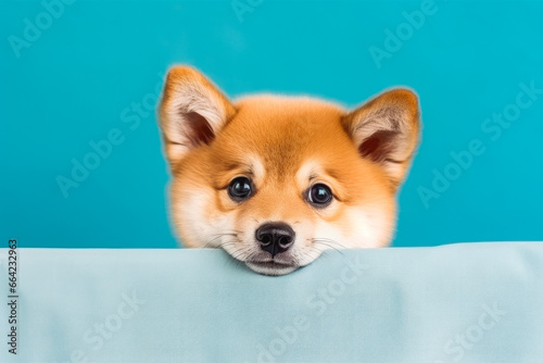 Portrait funny and happy shiba puppy dog peeking from behind curtain. Cute shiba puppy dog.
