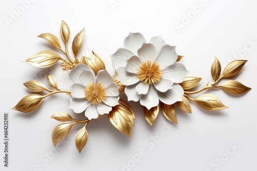 3d gold flowers white backgroung. photo