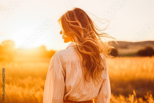 Happy woman standing with arms in the air looking at sunset. Carefree woman watching sunset in nature.