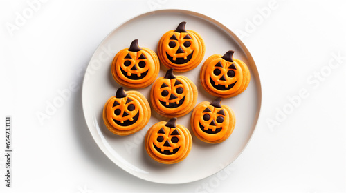 Top Down Photograph  Halloween Jack O  Lantern Cookies Isolated on a White Background  Generative AI