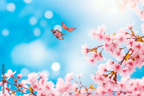 Spring banner. Branches of blossoming branches of cherry tree against blue background and butterflies. © Katrin Kovac