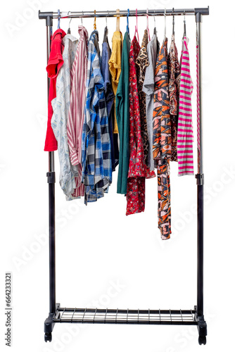Second-hand clothes  on the rail. The concept of sustainable economic life. Sale of clothes. Summer women's clothing on the swap. Various second-hand clothes from the wardrobe on the rack