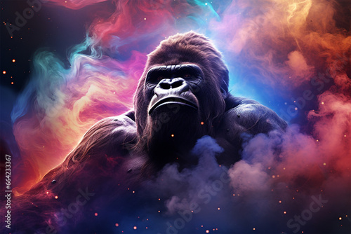 a gorilla with a background of stars and colorful clouds
