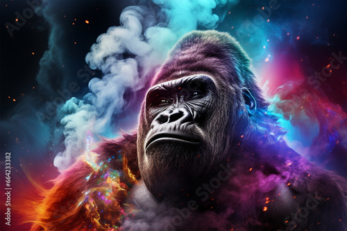 a gorilla with a background of stars and colorful clouds