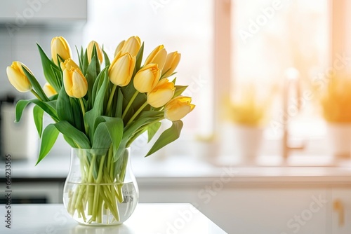 A bouquet of tulips on a white table. #664233565