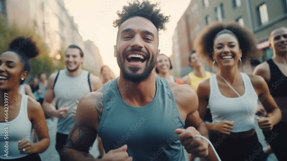 Group of people running together