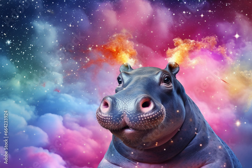 a hippo with a background of colorful stars and clouds