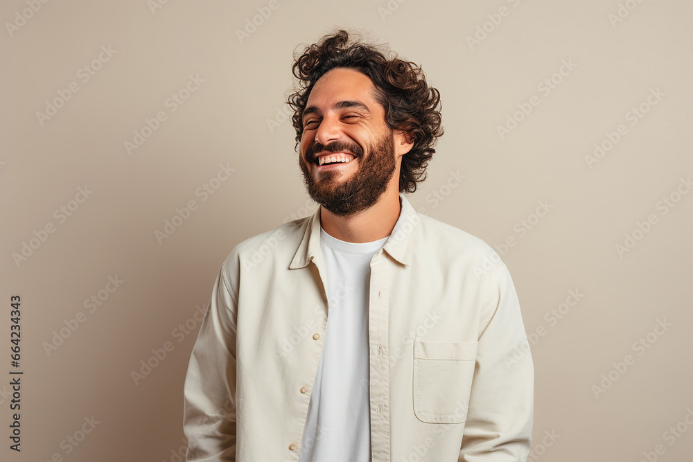 A man with a beard smiling happily on a cream background