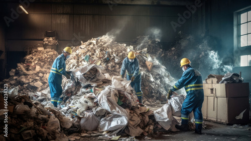 Workers in safety gear sorting through a pile of recyclable materials in the waste separation factory.