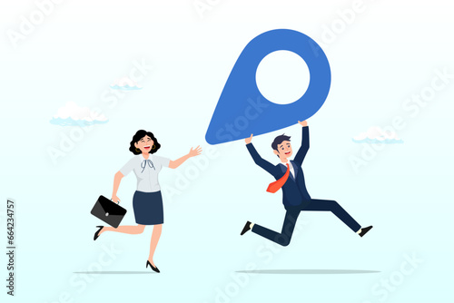 Happy businessman and businesswoman people carry address pin or map mark running to new destination, business relocation moving office to new location address (Vector)