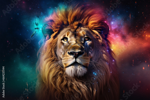 a lion with a background of stars and colorful clouds