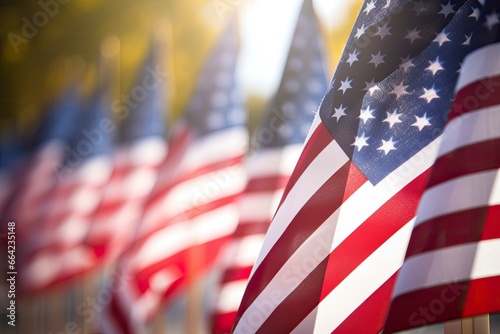 Closeup of an American flag in a row.