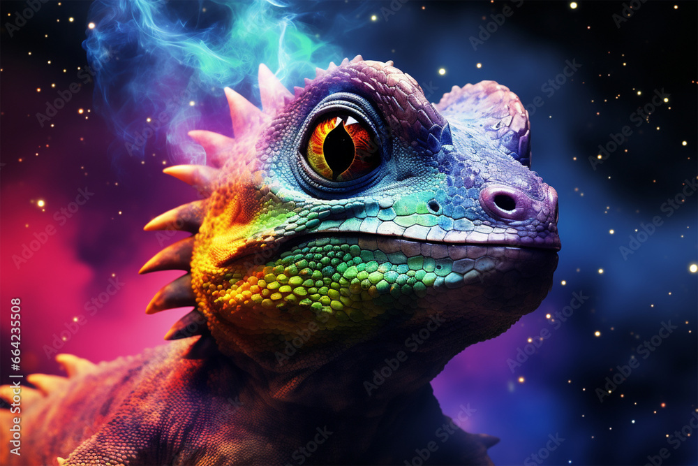 a chameleon with a background of colorful stars and clouds