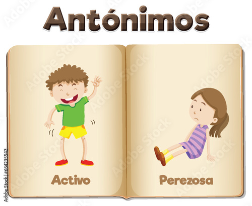 Antonym Word Card: Activo and Perezosa in Spanish