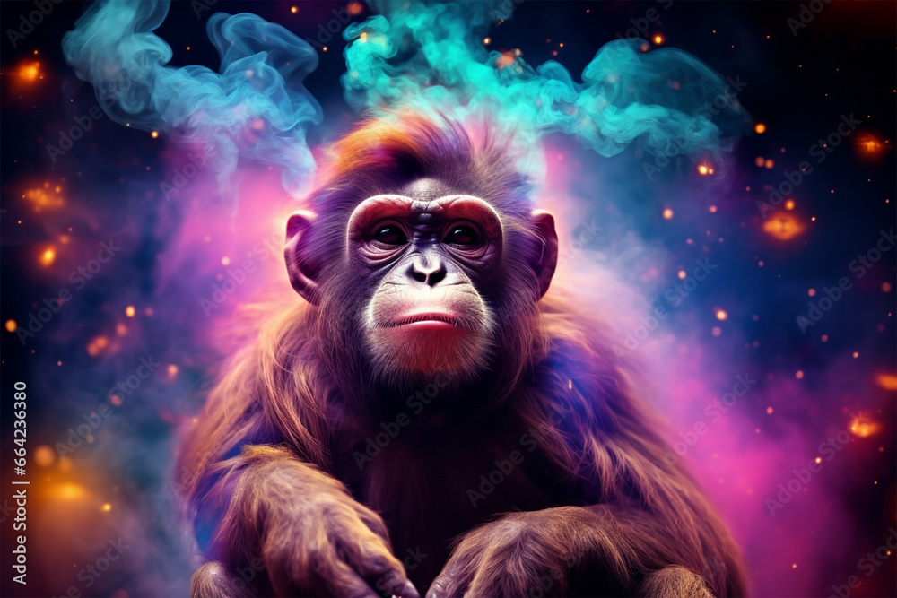 a monkey with a background of stars and colorful clouds