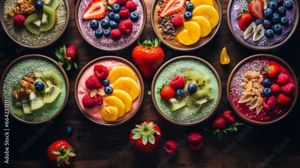 Acai bowls with fruit flat lay background