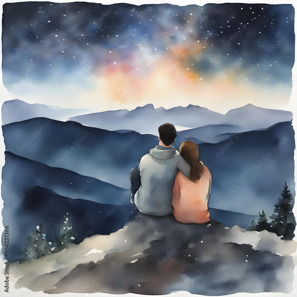 Watercolor Painting Young Couple staring at milky way on mountain top ...