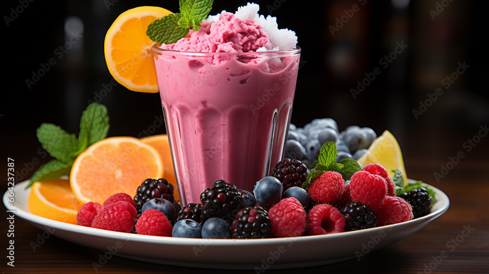 colorful fruit smoothie, garnished with a slice of fruit colorful fruit smoothie, garnished with a slice of fruit