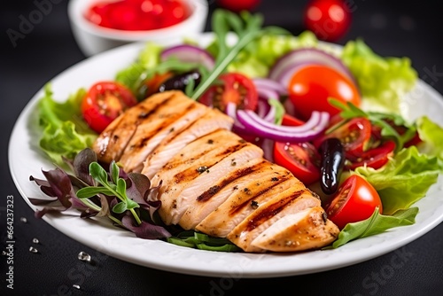 Grilled chicken breast with tomatoes, red pepper, organic green and kalamata olives.