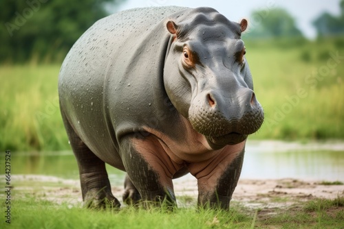 Hippopotamus Walking in a green field. © AbdulHamid