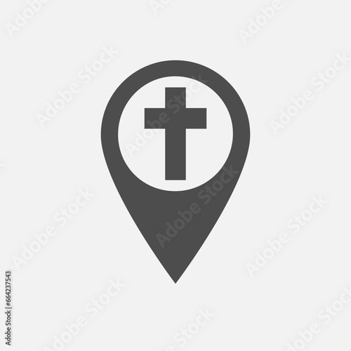 Map pointer of christian organization. Creative church logo concept. Black and white colors. Flat design. Gps location arrow. Isolated graphic template. Religious icon. Navigator pin symbol. 
