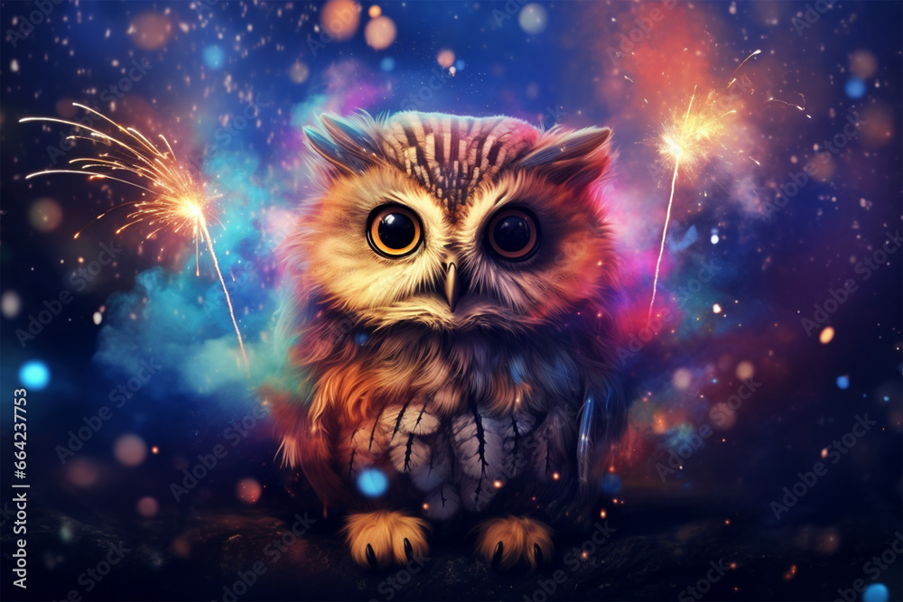 an owl with a background of stars and colorful clouds