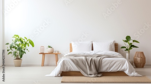 A cozy and minimalist bedroom scene with white bedding