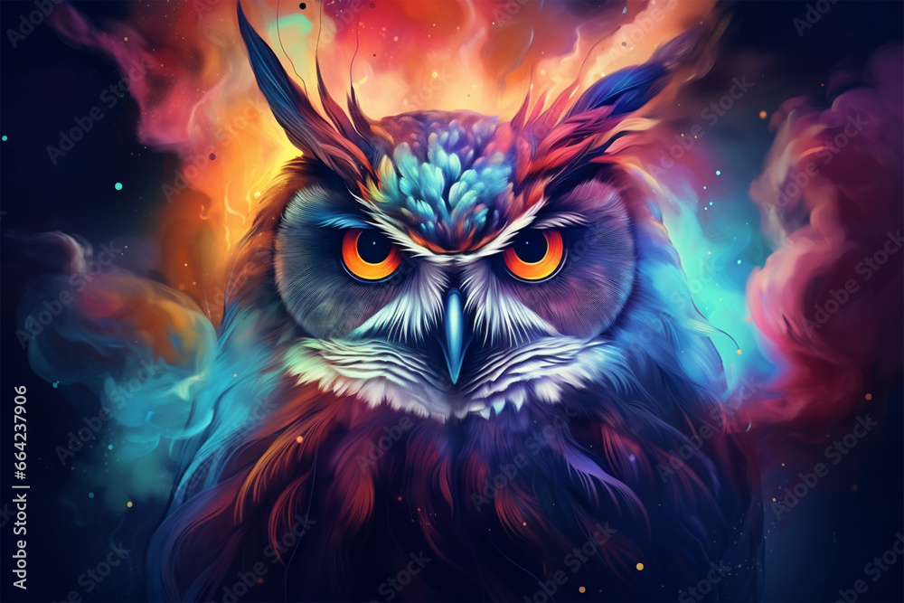 an owl with a background of stars and colorful clouds - obrazy, fototapety, plakaty 