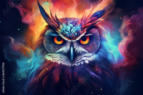 an owl with a background of stars and colorful clouds photo