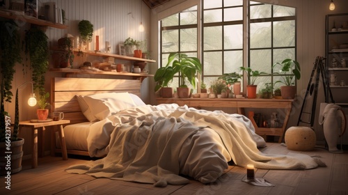 Sunlit Room with a messy bed and many potted plants